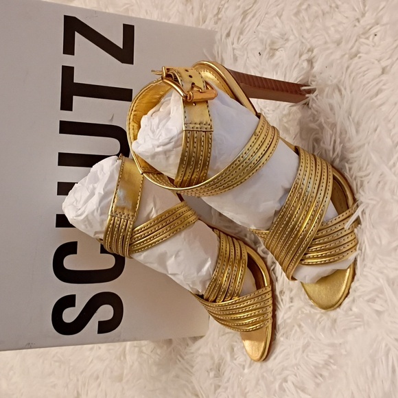 New SCHUTZ Marcella Women's Metallic Gold Strappy Stiletto Heels SZ 5B - Picture 3 of 13